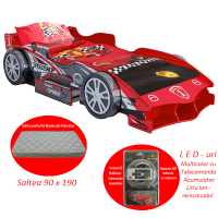 Pat Masina Formula 1 rosu F1 roti 3D cu LED-uri si Saltea - Premium High Gloss Quality